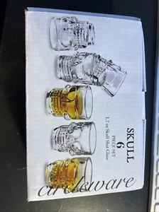 NEW!! CIRCLEWEAR SKULL FACE HEAVY BASE SHOT GLASSES SET OF SIX 1.7 OZ. HALLOWEEN - Picture 1 of 6