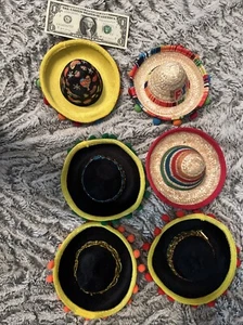 6 Mini Sombrero Lot Mexican Handmade 5" Red Yellow Sequin Doll Hats FREE SHIP - Picture 1 of 13