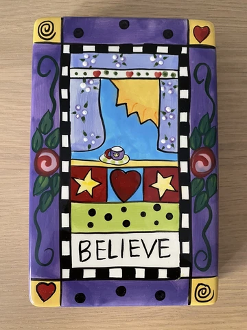 Csara by Bird Brain 2003 Ceramic Wall Hanging BELIEVE Handpainted Floral Cover