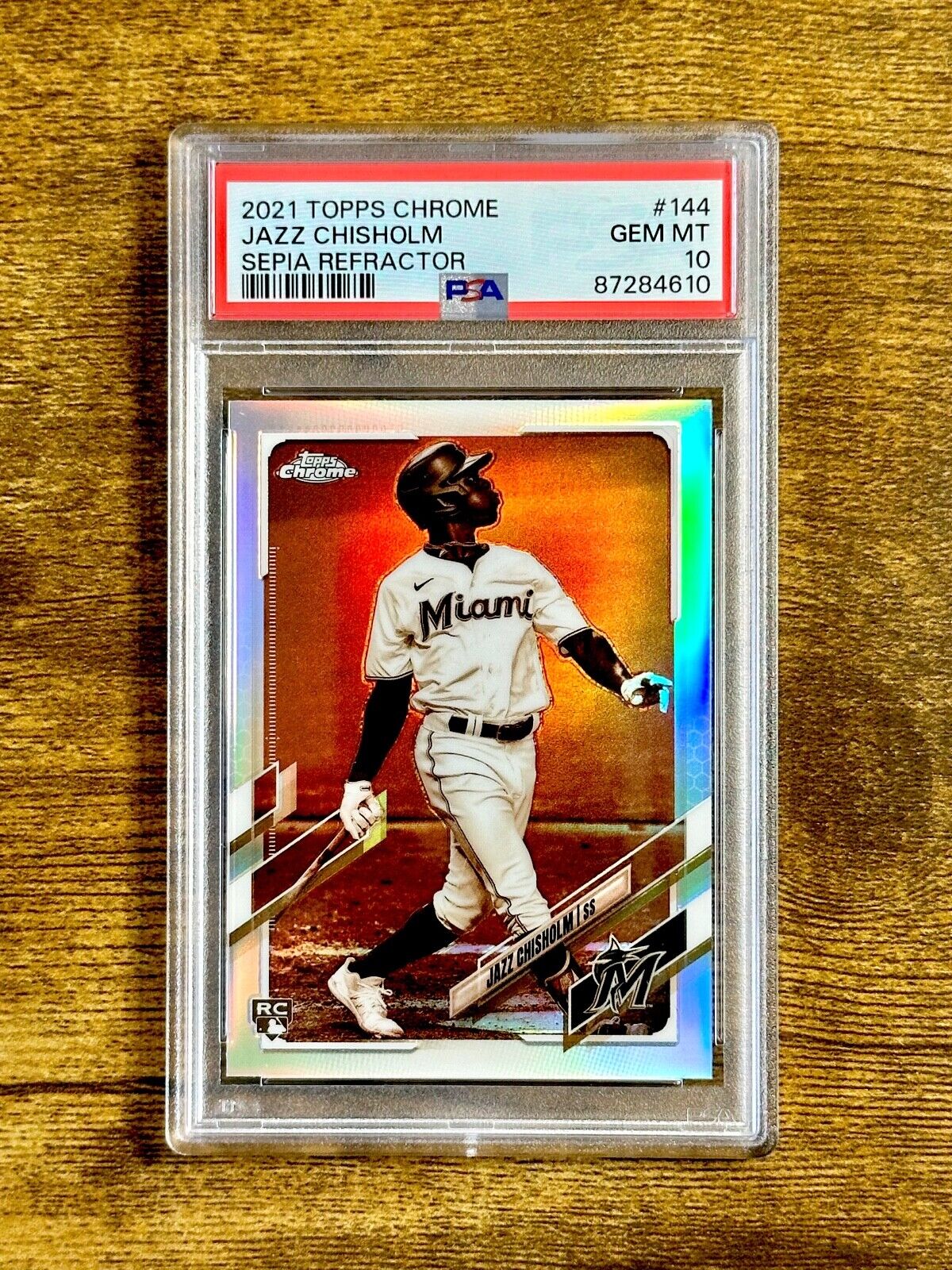 2021 Topps Chrome #144 Jazz Chisholm Sepia Refractor Rookie RC, PSA 10 GEM MINT