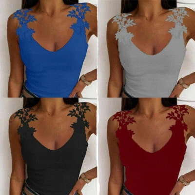 Tank Casual Vest Tops Women Tees UK Sleeveless Sexy U Neck Slimming Ladies Lace - Image 1 of 4
