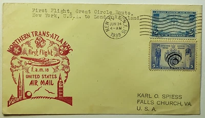 1939 NYC First Flight Northern Transatlantic Great Circle Route NY to London Eng - Image 1 of 2