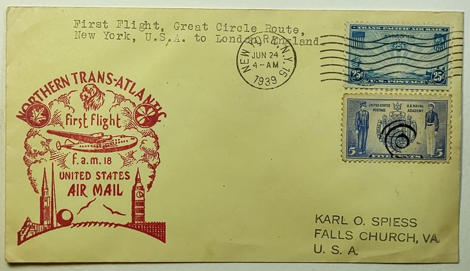 1939 NYC First Flight Northern Transatlantic Great Circle Route NY to London Eng - Image 1 of 2