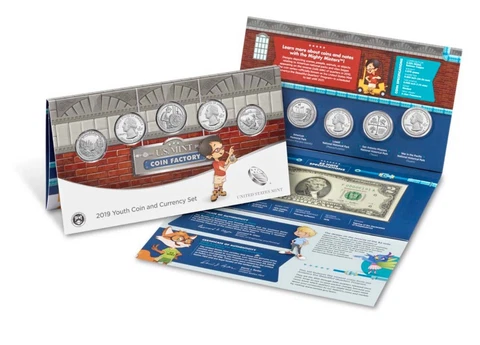 2019 Youth Coin and Currency Set US Mint Coin Factory 5 Quarters and $2 Bill UNC Cover