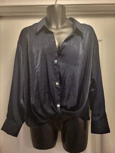 Zara Twist Front Kragen Top Bluse Damen XL schwarz marine gehämmert Knöpfe - Bild 1 von 3