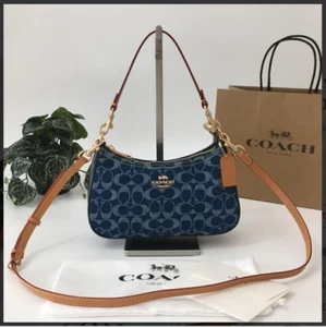 Coach CAF82 Teri Shoulder Bag Signature Denim Natural Blue Brown Outlet New - Picture 1 of 10