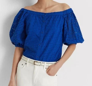 BLUSA LAUREN RALPH LAUREN 100% ALGODÓN HOMBRO DESCUBIERTO OJALES AZUL TALLA 1X - Imagen 1 de 13