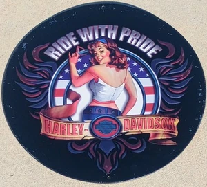 Harley Davidson Metal Motorcycle Sign Sexy Pin-Up Babe "Ride With Pride" 13.75" - Picture 1 of 3