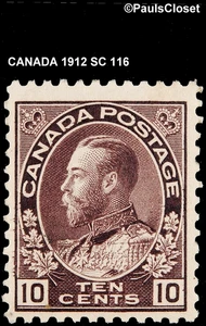 CANADÁ 1912 SC 122 KING GEORGE V 10¢ CIRUELA COMO NUEVA NUNCA ARTICULADA OG F/VF - Imagen 1 de 2
