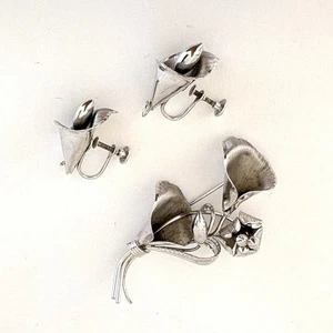 Bond Boyd Sterling Silver Calla Lily Floral Brooch Screw Back Earring VTG Canada - Bild 1 von 15