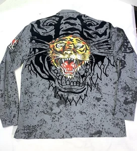 Ed Hardy Christian Audigier Double Graphic Tiger Gray Button Up Shirt Men’s XL - Picture 1 of 12