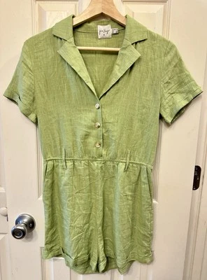 Princess Polly Sage Green Linen Blend Boho Short Sleeve V-Neck Romper Size 4 EUC - Image 1 of 4