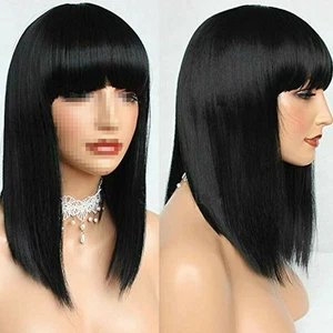 Hot Short Bob Straight Full Bangs Synthetic None Lace Glueless Black Hair Wig US - Picture 1 of 3
