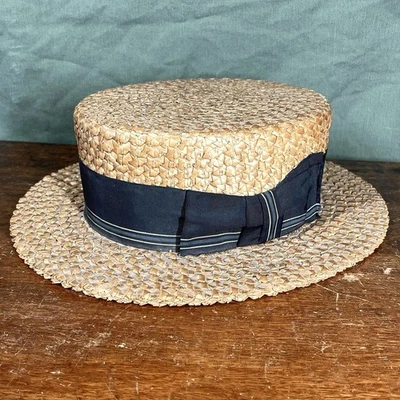 VINTAGE 1920s Stetson Hat Mens 6 5/8 Oval Blue Ribbon Straw Boater Hat 20s - Image 1 of 4