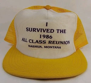 Vintage gelb/weiß 80er Snapback Mesh Truckermütze Nashua MT 1986 All Class Reunion  - Bild 1 von 6