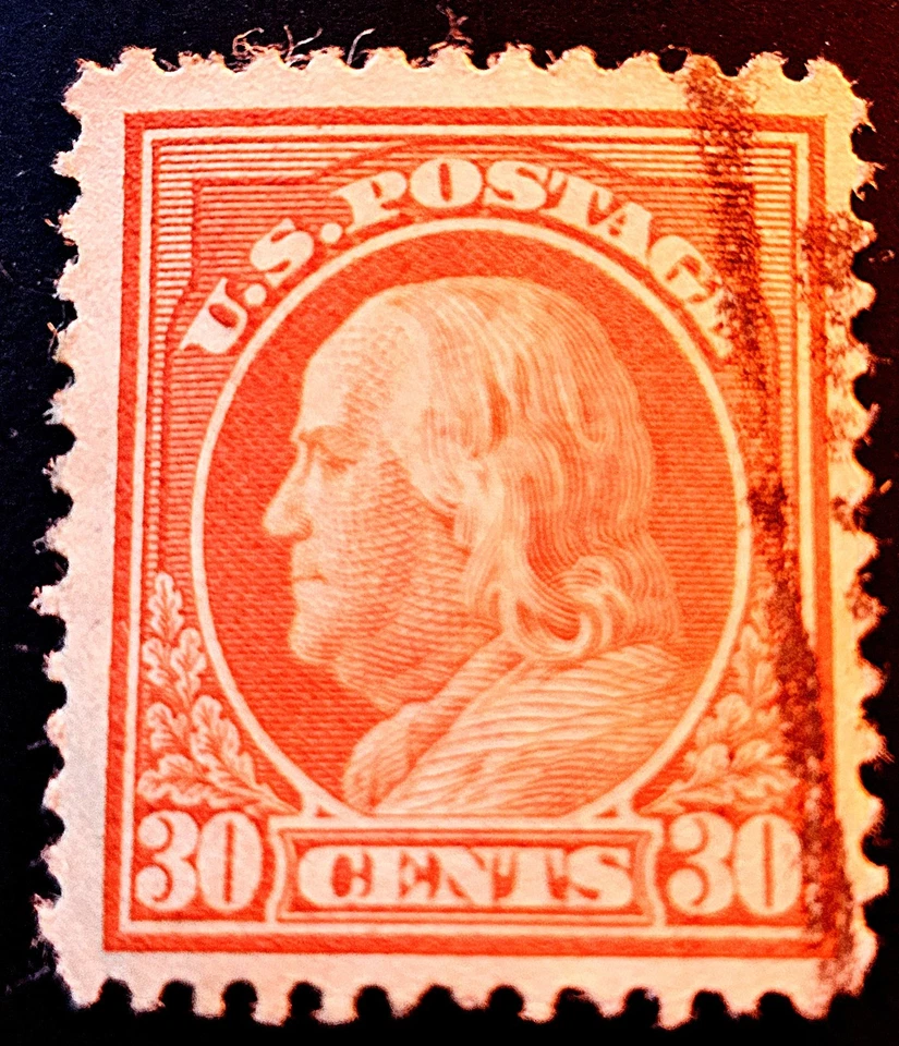 US STAMP BEN FRANKLIN 30c 1914 SC#420, SGL LINE WMK, FLAT PLT ULHOG - Image 1 of 2