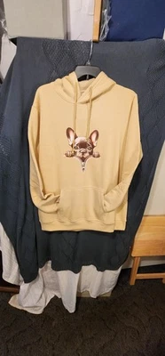 Sudadera con capucha para mujer con Frenchie asomándose, nueva sin etiquetas, XL, color beige, bolsillos canguro Foto 1 de 4