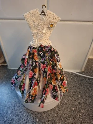 Dolls House Miniature Ladies Raggy Dress Non-wearable Handmade Floral Cream Hang - Image 1 of 2