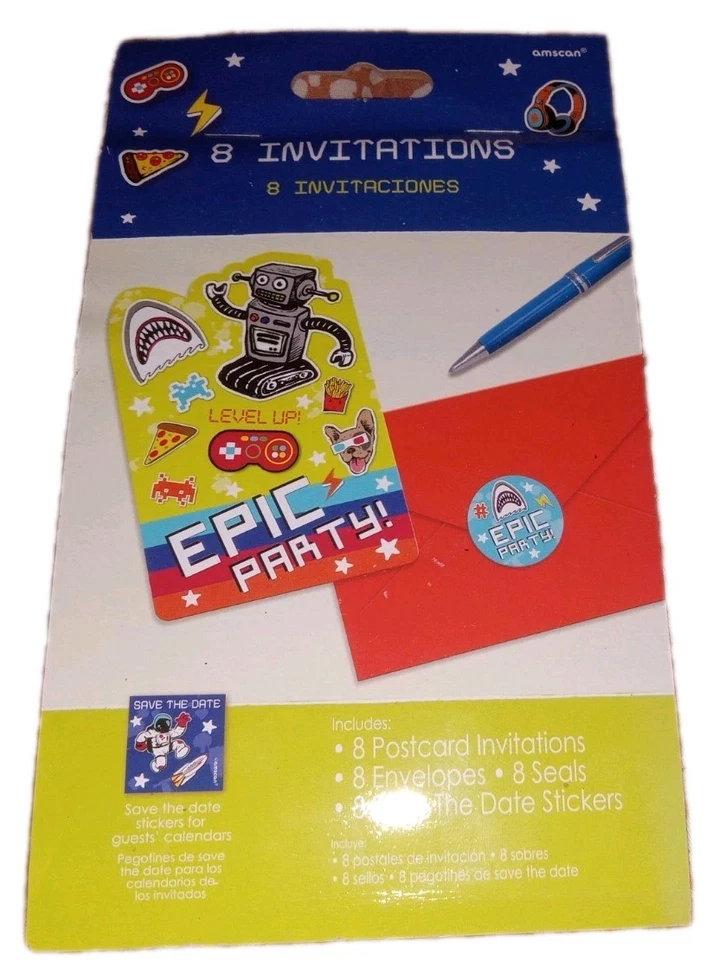 Epic Party Gamer Kids Birthday 8 Party Postcard Invitations w/ 8 Envelopes - Image 1 of 2