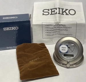 Vtg Seiko QHT201SLH Analog Digital Round Travel Clock w/Stand Pouch RARE PROMO - Picture 1 of 8