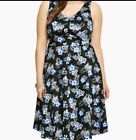 TORRID size 18 Swing DRESS V-Neck Sleeveless Back Zipper BLACK BLUE Floral