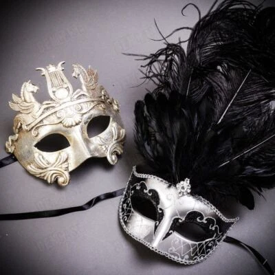 Silver Black Couples Men Women Luxury Prom Mask Venetian Feather Mask Cosplay - Image 1 of 3