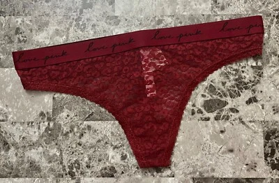 NWT VICTORIA'S SECRET PINK SMALL RED LEOPARD LACE THICK WAISTBAND THONG PANTIES - Image 1 of 4
