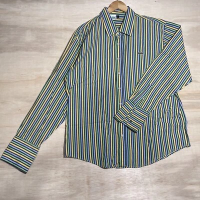 Camisa de vestir Lacoste para hombre XL verde amarillo azul a rayas con botones puños franceses Foto 1 de 4