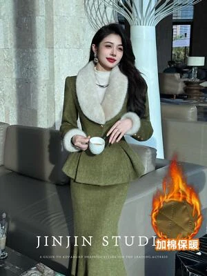 Jaqueta de inverno gola de pele de lã meia saia moda feminina saia rabo de peixe conjunto de algodão - Imagem 1 de 4