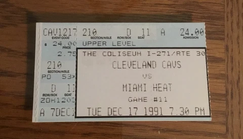 NBA Basketball Cleveland Cavaliers Vs Miami Heat, Vintage Ticket Stub 12-17-91 Cover