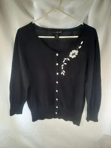 Willi Smith Black Button Up Cardigan Floral White Buttons Designs - Picture 1 of 11