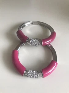 Signed LIA SOPHIA Clear RHINESTONE & ENAMEL Pink ACCENT HALF STRETCH BANGLE LOT - Picture 1 of 7