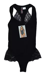 Dreamgirl Wide Strap Lace Trim Thong Wire-Free Solid Color Bodysuit S NWT Black - Picture 1 of 2