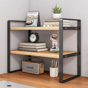 2-Tier Desktop Organizer Shelf, 19.7In Desk Bookshelf, Tabletop Small Wood Metal - Picture 1 of 12