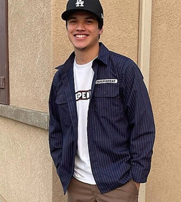 Independent Bar Logo Navy & Red Pinstripe Button Up Shirt Men’s Large - Image 1 of 4