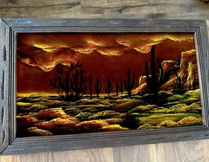 Vintage MCM BLACK VELVET Desert SUNSET Cactus Aztec PAINTING Carved FRAMED Art - Picture 1 of 6