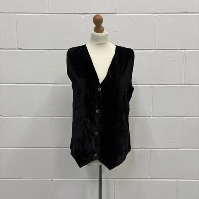 Vintage 90s Black Velvet Button Up Waistcoat Vest Boho Indie Med - Image 1 of 4