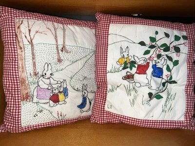 Pair Handmade Needlework Rabbit Throw Pillows Country Cottage Nursery Charm - Image 1 of 4