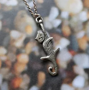 St Justin Dangling Cat Pewter Pendant Necklace - Picture 1 of 4