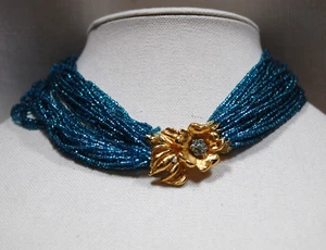 1960S MuIti Strand Blue Glass Gold Flower Clasp Torsade Collar Necklace Vintage - Picture 1 of 4