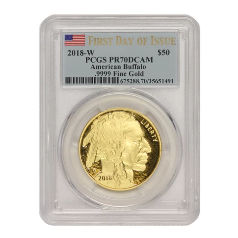 2018-W $50 American Gold Buffalo PCGS PR70DCAM First Day of Issue Flag label Cover