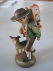 ANRI Italy Wood Carving Boy Hiking Dog Clockmaker Delivery Artist Signed 3" - Picture 1 of 6