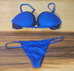 Victoria's Secret Bombshell Plunge Bra Blue Oar Black Lace 34C & NWT Thong Sz M - Picture 1 of 5