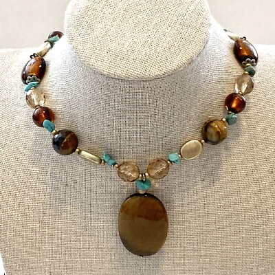 VTG Tigers Eye Pendant Beaded Necklace Boho Hippie Browns & Turquoise Blue - Image 1 of 4