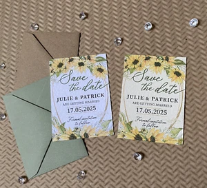 10 Luxury SAVE the DATE Sunflowers wreath rustic WEDDING invites cards greenery - Picture 1 of 5