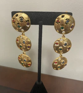 Vintage Dangle Gold Tone Colorful Rhinestones Triple Discs Earrings - Picture 1 of 5