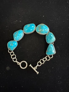 Vintage Navajo Genuine Turquoise & Sterling Silver Toggle Bracelet 7" - Picture 1 of 5