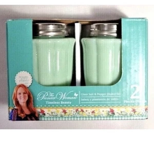 Pioneer Woman Timeless Beauty Salt Pepper Shakers Jade Green Glass Metal Top NIB - Picture 1 of 4