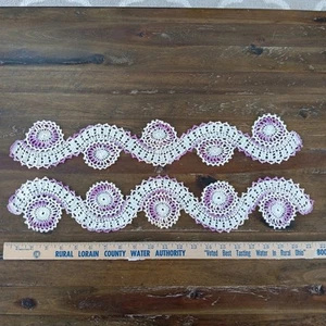 Pr Purple Vtg Crocheted Lace Edging Trim Motif Finish Complete Towel Pillowcase - Picture 1 of 6