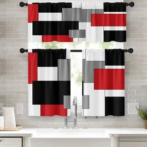 Red Kitchen Window Curtains Valance and Tier Set 36 Inch, Black Grey Modern R... - Picture 1 of 7